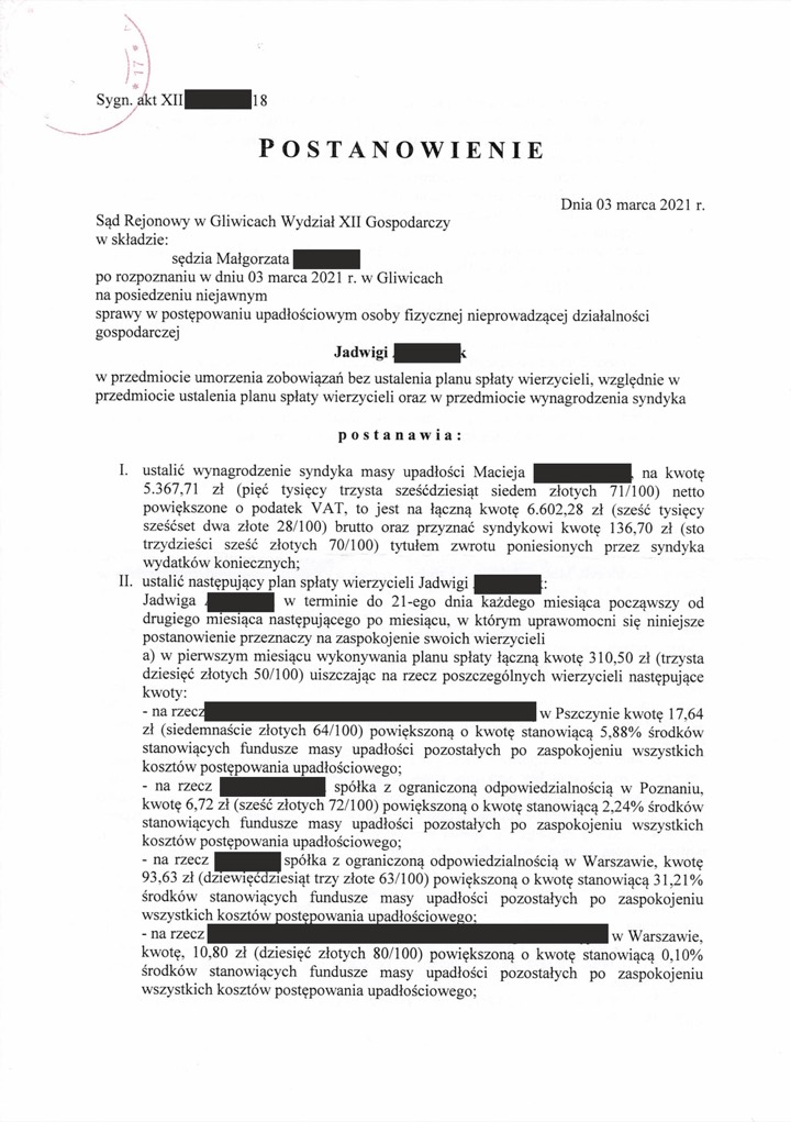 Postanowienie sądu o ogłoszeniu upadłości 1